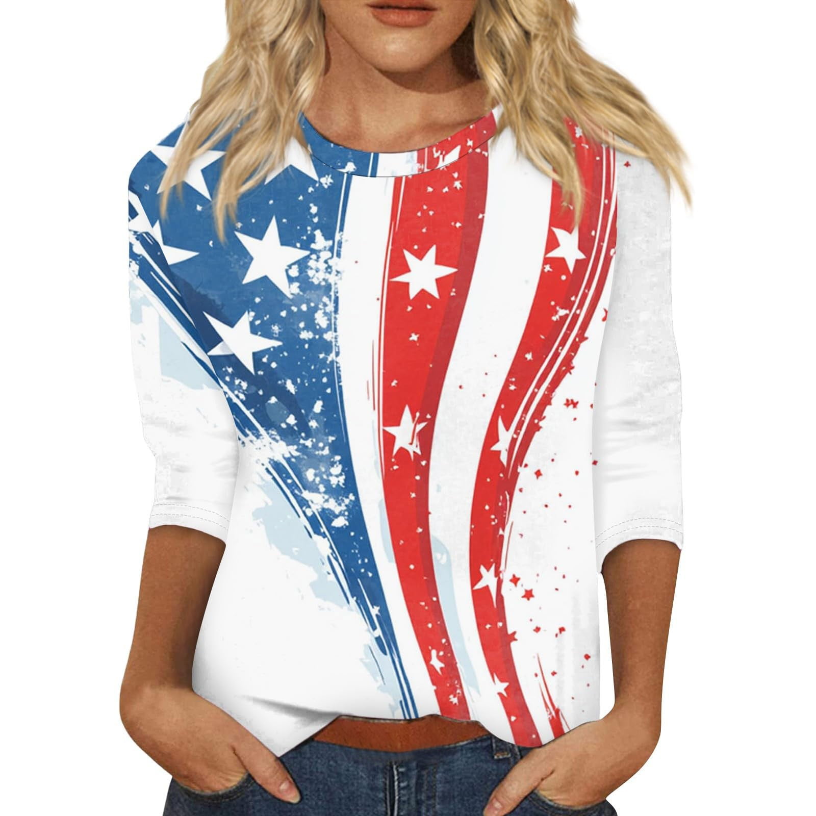 Women's American Flag V-Neck Tee - Patriotic 4th Of July Shirt, Stars & Stripes Graphic, Gray, Small - View #3