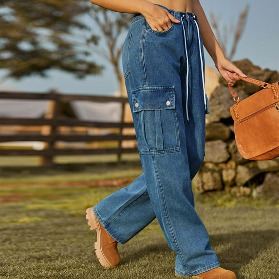 Dyfzdhu Jeans for Women Cargo Jogger Pant Denim Drawstring Adjustable Washable Workwear Pants Casual Blue