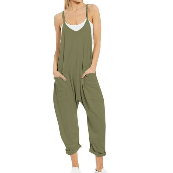 Dyfzdhu Jumpsuits For Women Casual Summer Jumpsuit Sleeveless Loose Solid Color Fashion Strap Loose Jumpsuit Pocket Jumpsuit For Women Army Green L