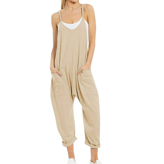 Dyfzdhu Jumpsuits For Women Casual Summer Jumpsuit Sleeveless Loose Solid Color Fashion Strap Loose Jumpsuit Pocket Jumpsuit For Women Beige M