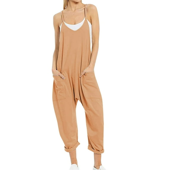 Dyfzdhu Jumpsuits For Women Casual Summer Jumpsuit Sleeveless Loose Solid Color Fashion Strap Loose Jumpsuit Pocket Jumpsuit For Women Coffee S