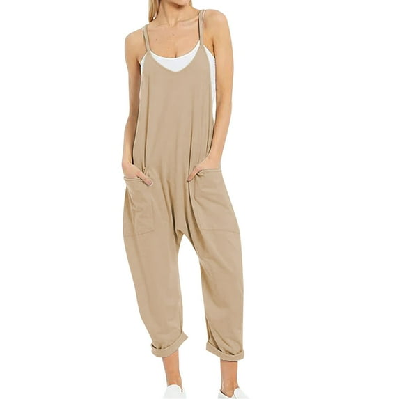Dyfzdhu Jumpsuits For Women Casual Summer Jumpsuit Sleeveless Loose Solid Color Fashion Strap Loose Jumpsuit Pocket Jumpsuit For Women Khaki Xxxl