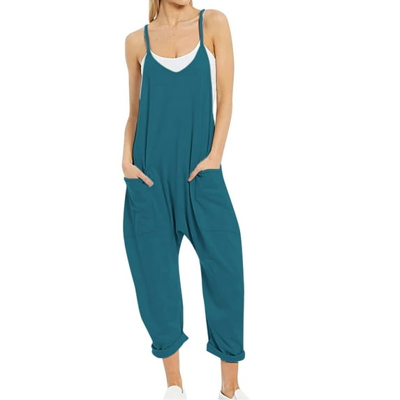 Dyfzdhu Jumpsuits For Women Casual Summer Jumpsuit Sleeveless Loose Solid Color Fashion Strap Loose Jumpsuit Pocket Jumpsuit For Women Lake Blue Xxl