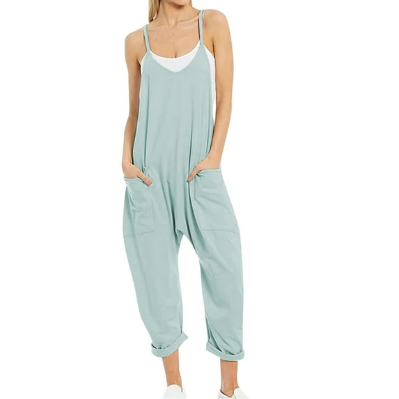 Dyfzdhu Jumpsuits For Women Casual Summer Jumpsuit Sleeveless Loose Solid Color Fashion Strap Loose Jumpsuit Pocket Jumpsuit For Women Light Blue L