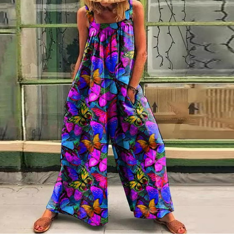 Dyfzdhu Jumpsuits for Women Fashion Summer Casual Floral Print Jumpsuit Butterfly Print Jumpsuit Purple XL Women s