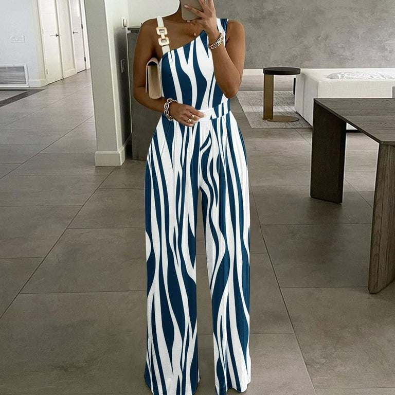 Dyfzdhu Jumpsuits For Women Rompers Metal Button Tank Top High Waist Wide Leg Jumpsuit Soild Color Jumpsuit Blue L Walmart