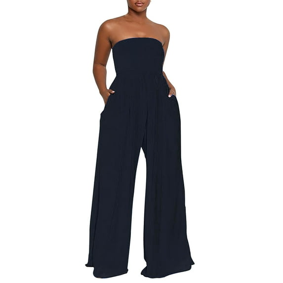 Dyfzdhu Jumpsuits for Women Strapless Tube Wide Leg Smocked Casual Off Shoulder Loose Long Pants Rompers Black