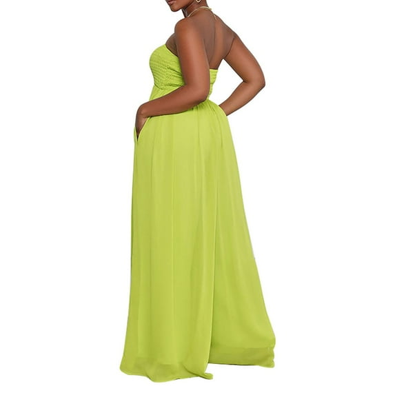 Dyfzdhu Jumpsuits for Women Strapless Tube Wide Leg Smocked Casual Off Shoulder Loose Long Pants Rompers Green
