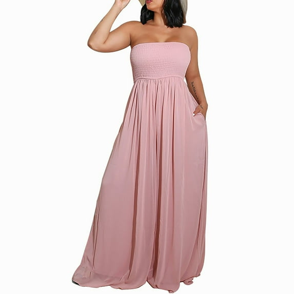 Dyfzdhu Jumpsuits for Women Strapless Tube Wide Leg Smocked Casual Off Shoulder Loose Long Pants Rompers Pink
