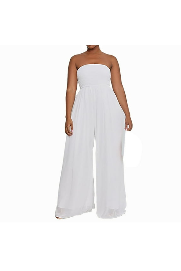 Jumpsuits for Women Strapless Tube Wide Leg Smocked Casual Off Shoulder Loose Long Pants Rompers White