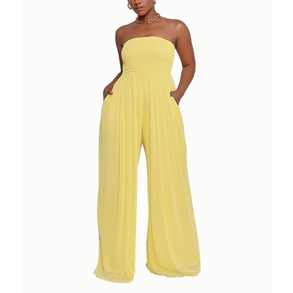 Dyfzdhu Jumpsuits for Women Strapless Tube Wide Leg Smocked Casual Off Shoulder Loose Long Pants Rompers Yellow
