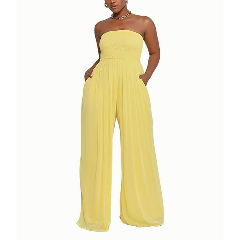 Wide Leg Strapless Yellow Jumpsuit Yellow Strapless Tie Front High