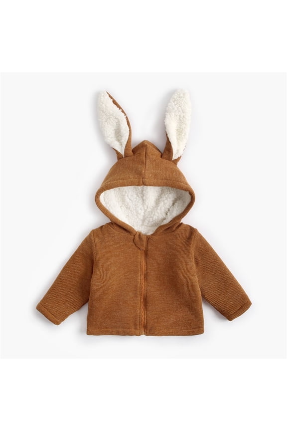 Kids Boys Girls Long Sleeve Solid Ribbed Cute Bunny Ear Hooded Jacket Thick Coat Outerwear