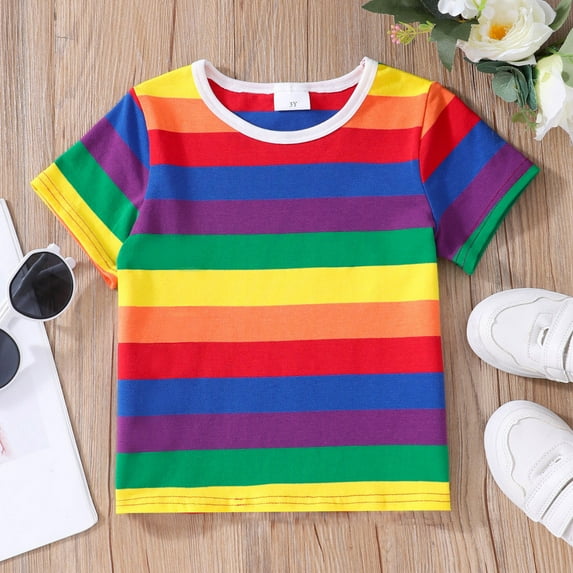 Dyfzdhu Kids Toddler Baby Boy Girls Multicolor Stripe Print Short Sleeve T-shirt Tops Clothes