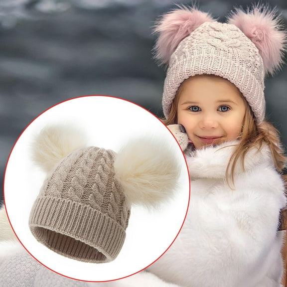 Dyfzdhu Kids Winter Hat Toddler Knitted Pom Beanie Cotton Lined Faux Cap Baby Girls Boys Beige