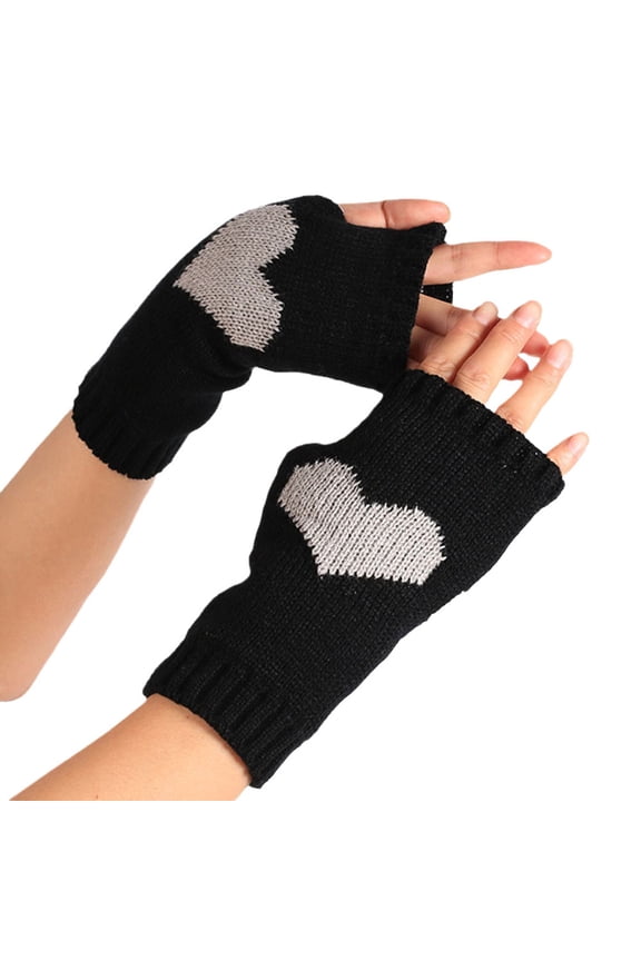 Knit Gloves Women'S Solid Color Heart Pattern Missing Half Finger Warm Knit Winter Gloves