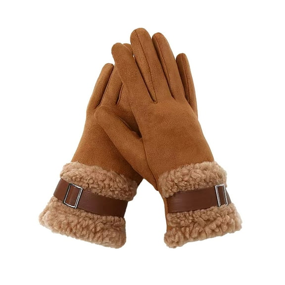 Dyfzdhu Knit Gloves Women's Autumn And Double Fleece Thickened Cycling Windproof Suede Leather Buckle Winter Gloves