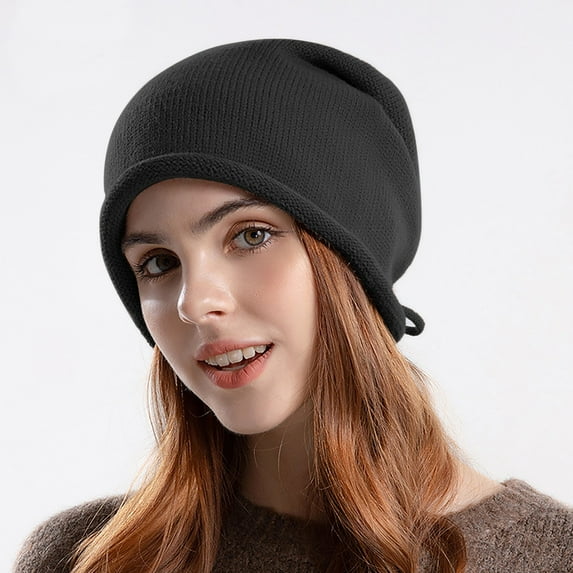 Dyfzdhu Knit Hat Autumn Winter Travel Solid Color All Breathable Pile Girl Ear Protector Moon Black