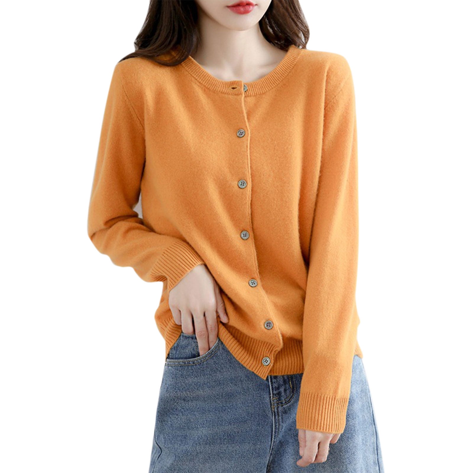 Dyfzdhu Knitted Cardigans For Women Basic Solid Color Crew Neck Long