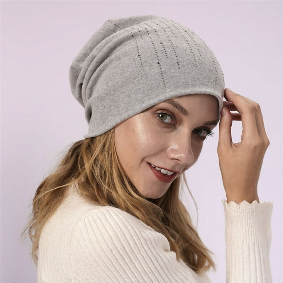 Dyfzdhu Knitted Double Layer Rhinestone Beanie Hat Women Men Warm Lightweight Hip Hop Soft Cotton Hats Gray