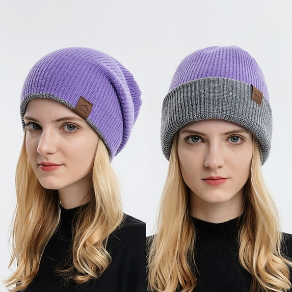 Dyfzdhu Knitted Hats for Men Women Neutral Solid Color Warm Couples Can Be Worn On Both Sides Winter Purple