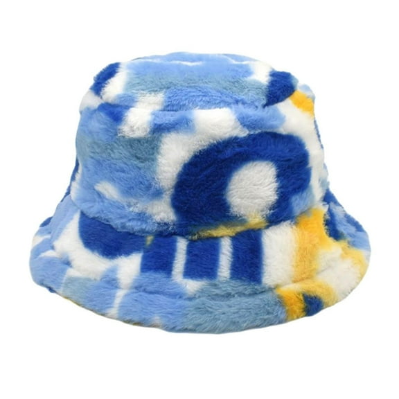 Dyfzdhu Letter Printing Plush Hat Men Women Autumn Winter Imitation Rabbit Bucket Outdoor Sunshade Blue