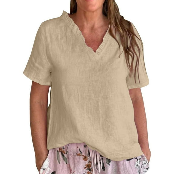 Dyfzdhu Linen Blouses for Women Casual Short Sleeve Solid Color Cotton and Linen Ruffled V Neck Shirt,Women Tee Loose Fit Summer Tops Khaki