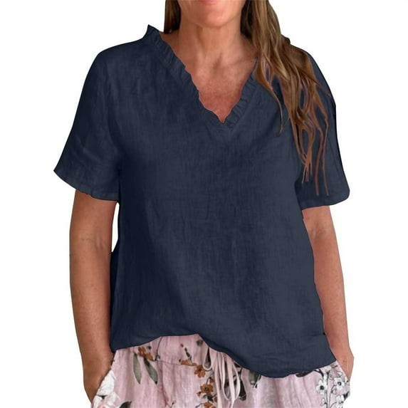 Dyfzdhu Linen Blouses for Women Casual Short Sleeve Solid Color Cotton and Linen Ruffled V Neck Shirt，Women Tee Loose Fit Summer Tops Navy