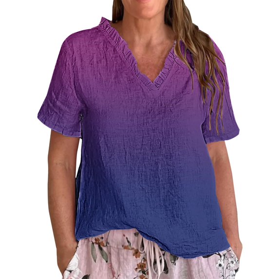 Dyfzdhu Linen Blouses for Women Casual Short Sleeve Vintage Gradient Print Ruffled V Neck T Shirt Lightweight Loose Fit Summer Tops Hot Pink