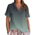 thumbnail image 1 of Dyfzdhu Linen Blouses for Women Casual Short Sleeve Vintage Gradient Print Ruffled V Neck T Shirt Lightweight Loose Fit Summer Tops Khaki, 1 of 3
