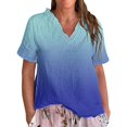 thumbnail image 1 of Dyfzdhu Linen Blouses for Women Casual Short Sleeve Vintage Gradient Print Ruffled V Neck T Shirt Lightweight Loose Fit Summer Tops Pink, 1 of 3