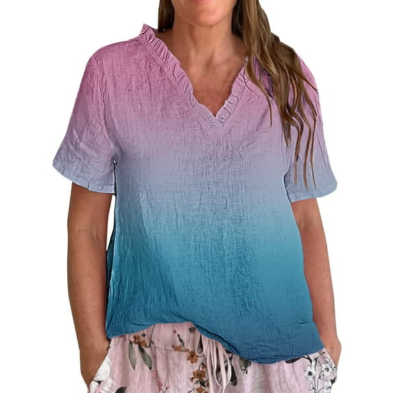 Dyfzdhu Linen Blouses for Women Casual Short Sleeve Vintage Gradient Print Ruffled V Neck T Shirt Lightweight Loose Fit Summer Tops Purple