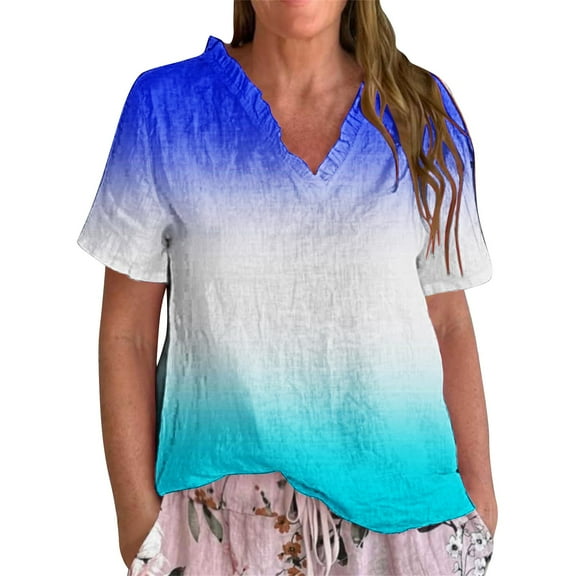 Dyfzdhu Linen Blouses for Women Casual Short Sleeve Vintage Gradient Printed Ruffled V Neck Shirt Lightweight Loose Fit Summer Top Blue