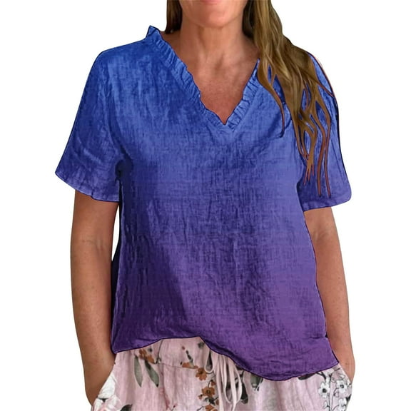 Dyfzdhu Linen Blouses for Women Casual Short Sleeve Vintage Gradient Printed Ruffled V Neck Shirt Lightweight Loose Fit Summer Top Blue