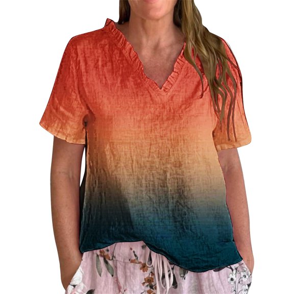 Dyfzdhu Linen Blouses for Women Casual Short Sleeve Vintage Gradient Printed Ruffled V Neck Shirt Lightweight Loose Fit Summer Top Orange