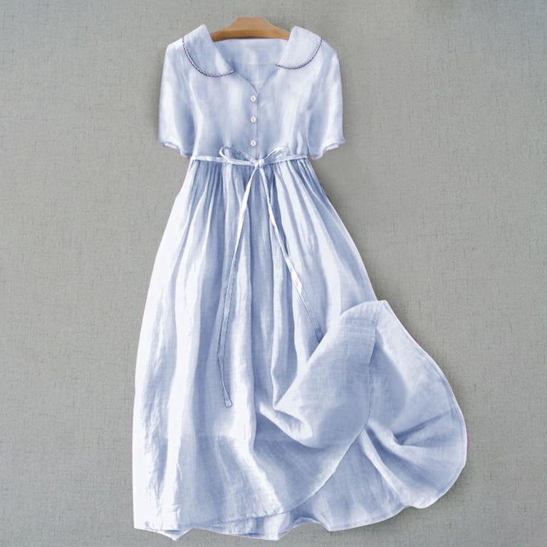 Dyfzdhu Linen Dresses for Women Summer Short Sleeve Button Down Shirt Dress  V Neck Dressy Casual A-line Flowy Boho Dress Blue - Walmart.com