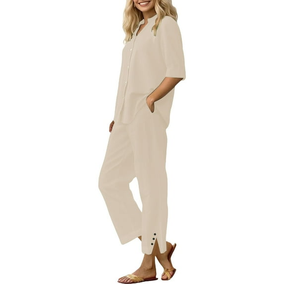 Dyfzdhu Linen Sets for Women 2 Piece Daily Casual Solid Long Sleeve Shirt Tops Pockets Pants Trousers Set Summer Outfits Beige