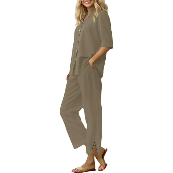 Dyfzdhu Linen Sets for Women 2 Piece Daily Casual Solid Long Sleeve Shirt Tops Pockets Pants Trousers Set Summer Outfits Coffee