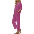 thumbnail image 1 of Dyfzdhu Linen Sets for Women 2 Piece Daily Casual Solid Long Sleeve Shirt Tops Pockets Pants Trousers Set Summer Outfits Hot Pink, 1 of 9