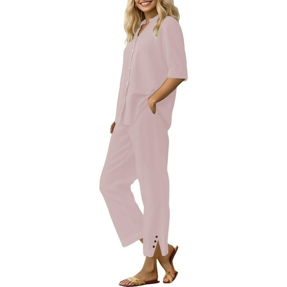 Dyfzdhu Linen Sets for Women 2 Piece Daily Casual Solid Long Sleeve Shirt Tops Pockets Pants Trousers Set Summer Outfits Pink