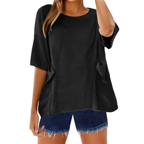 Dyfzdhu Linen Shirts for Women Loose Fit Solid Color Basic 3/4 Sleeve Tops Summer Casual Round Neck Pullover Blouse Ladies Tunic Tshirt Plain T Shirt Black