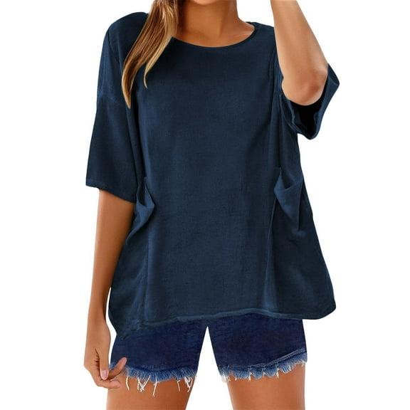 Dyfzdhu Linen Shirts for Women Loose Fit Solid Color Basic 3/4 Sleeve Tops Summer Casual Round Neck Pullover Blouse Ladies Tunic Tshirt Plain T Shirt Navy