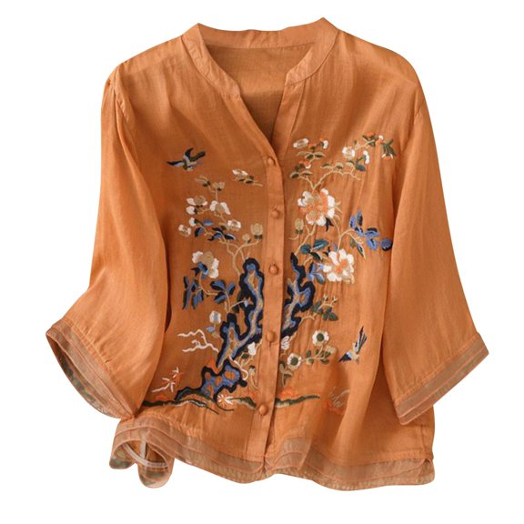 Dyfzdhu Linen Shirts for Women Cotton Embroidered Shirt Tops Boho 3/4 Sleeeve Tunic Top Elegant Blouse Spring Summer Casual Blouses Orange