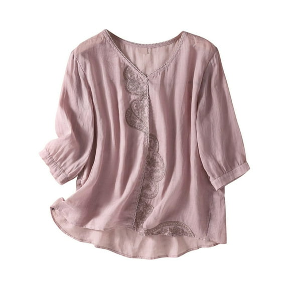 Dyfzdhu Linen Shirts for Women Cotton Embroidered Shirt Tops Boho 3/4 Sleeeve Tunic Top Elegant Blouse Spring Summer Casual Blouses Pink