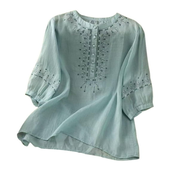 Dyfzdhu Linen Shirts for Women Embroidered Tops Floral Cotton Tunic Tshirt Tee 3/4 Sleeve V Neck Button Boho Ethnic Spring Summer Casual Blouses Blue