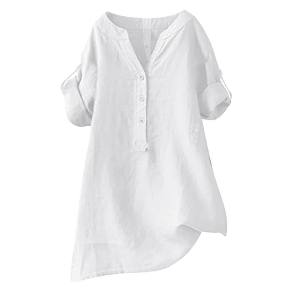 Dyfzdhu Linen Shirts for Women Loose Fit Button Shirt Top Stand Solid Color Sleeve Collar Casual T Shirt Summer Tops White