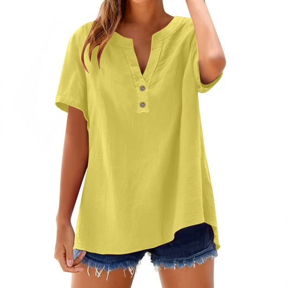 Dyfzdhu Linen Shirts for Women Plus Size Loose Fit Button Shirt Top Stand Solid Color Sleeve Collar Casual T Shirt Summer Tops Yellow