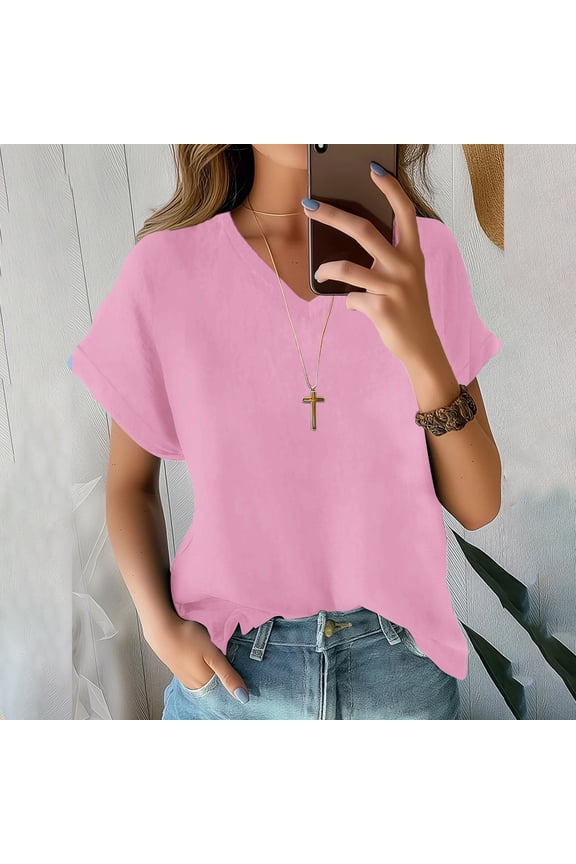 Linen Shirts for Women V Neck Short Sleeve Plain T Shirt Summer Tops Loose Fit Dressy Casual Blouses Basic Tee Pink