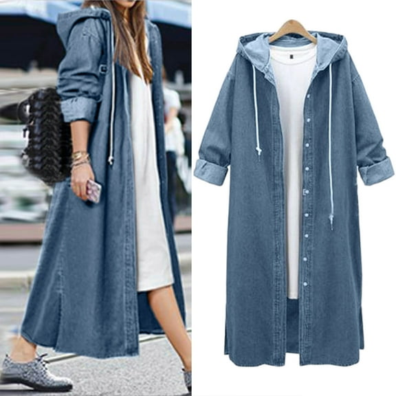 Dyfzdhu Long Denim Jacket for Women Plus Size Hooded Long Sleeve Jean Outerwear Trench Coat