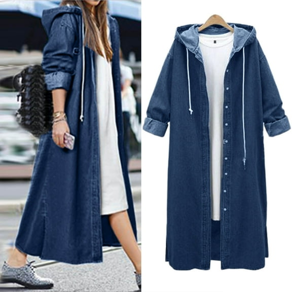 Dyfzdhu Long Denim Jacket for Women Plus Size Hooded Long Sleeve Jean Outerwear Trench Coat